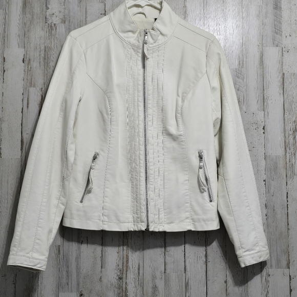 Big Chill Jackets & Blazers - Big Chill Vintage Ivory Off White Zip Up Faux Leather Moto Jacket Size Medium